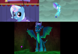 Size: 3840x2692 | Tagged: safe, edit, edited screencap, screencap, fountain (g5), princess ember, trixie, dragon, pony, unicorn, boast busters, g4, g5, gauntlet of fire, my little pony: make your mark, my little pony: make your mark chapter 6, the isle of scaly, spoiler:g5, dragoness, female, high res, mare, the isle of scaly (location)