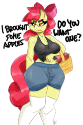 Size: 2800x4247 | Tagged: safe, artist:flutterthrash, apple bloom, earth pony, anthro, g4, annoyed, apple, basket, big breasts, bow, breasts, busty apple bloom, cleavage, clothes, dialogue, female, food, hair bow, high res, lidded eyes, mare, midriff, narrowed eyes, older, older apple bloom, shorts, simple background, solo, thigh highs, unamused, white background, wide hips