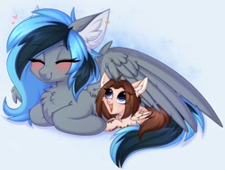 Size: 2560x1933 | Tagged: safe, artist:pesty_skillengton, oc, oc only, oc:luny, oc:natea, pegasus, pony, chest fluff, cute, duo, embarrassed, female, lying down, ponyloaf, prone, smol, tail, tattoo, wings