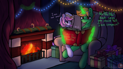 Size: 1920x1080 | Tagged: safe, artist:darbedarmoc, pony, unicorn, armchair, book, candy, candy cane, carpet, chair, christmas, christmas lights, dialogue, explain your smolness, fire, fireplace, food, holiday, its not small its compact!, magic, male, present, sitting, smol, telekinesis