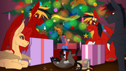 Size: 4000x2250 | Tagged: safe, artist:twotail813, oc, oc only, oc:gear, oc:nightsun, oc:twotail, oc:xarxe blackhoof, bat pony, cat, dragon, pegasus, brother and sister, christmas, christmas lights, christmas tree, ear fluff, fangs, female, happy new year, happy new year 2024, holiday, male, present, siblings, tree, wings, wip, yarn, yarn ball