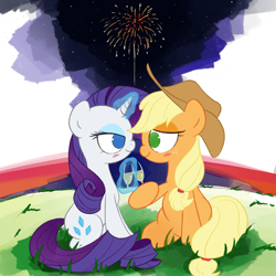 Size: 3000x3000 | Tagged: safe, artist:widelake, applejack, rarity, earth pony, unicorn, g4, alcohol, champagne, duo, female, fireworks, happy new year, happy new year 2024, high res, holiday, lesbian, looking at each other, looking at someone, magic, magic aura, new year, new years eve, night, ship:rarijack, shipping, simple background, sunset, wine