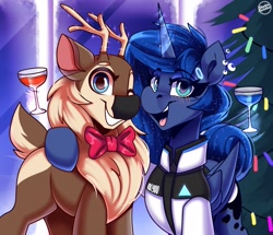 Size: 1917x1650 | Tagged: safe, artist:shadowreindeer, princess luna, oc, oc:kevin reindeer, deer, reindeer, alcohol, connor, cute, detroit: become human, happy new year, holiday, rk900, wine