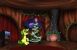 Size: 7000x4546 | Tagged: safe, artist:pony-stark, oc, oc only, pony, unicorn, christmas, christmas lights, christmas tree, controller, fire, fireplace, grand theft auto, holiday, playstation, playstation 2, present, secret santa, solo, tree, window