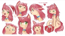 Size: 1280x719 | Tagged: safe, artist:rsd500, oc, oc only, oc:airi, bat pony, pony, :3, anime, anime style, bell, bell collar, cat bell, christmas, collar, ear fluff, expressions, eyes on the prize, female, floppy ears, green eyes, hat, heart, holiday, open mouth, open smile, present, santa hat, secret santa, simple background, smiling, solo, starry eyes, white background, wingding eyes