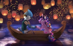 Size: 1480x950 | Tagged: safe, artist:riminart, twilight sparkle, bird, blue jay, pony, unicorn, g4, boat, clothes, crossover, crossover shipping, female, flower, flower in hair, i see the light, lantern, male, mordecai, mordetwi, night, paper lantern, parody, reference, reflection, regular show, shipping, signature, straight, tangled (disney), water