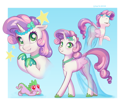 Size: 2048x1726 | Tagged: source needed, safe, artist:stratodraw, spike, sweetie belle, dragon, pony, unicorn, g4, abstract background, alternate hairstyle, butt, clothes, cute, diasweetes, dress, female, filly, foal, heart, heart eyes, hoof shoes, looking at you, male, passepartout, plot, ship:spikebelle, shipping, straight, sweetie butt, wingding eyes