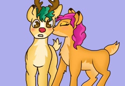 Size: 1080x740 | Tagged: safe, artist:sheriffwayz, hitch trailblazer, sunny starscout, deer, reindeer, g5, blushing, christmas, cute, daaaaaaaaaaaw, duo, duo male and female, female, holiday, kissing, male, red nose, reindeerified, rudolph the red nosed reindeer, ship:starblazer, shipping, simple background, species swap, straight
