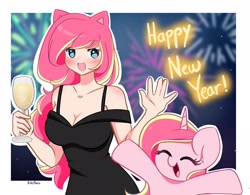 Size: 1878x1463 | Tagged: safe, artist:kittyrosie, oc, oc only, oc:rosa flame, human, pony, unicorn, breasts, cleavage, clothes, duality, elegant, eyes closed, female, happy new year, happy new year 2024, holiday, horn, humanized, open mouth, self paradox, self ponidox, unicorn oc