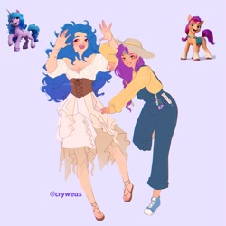 Size: 2048x2048 | Tagged: safe, artist:cryweas, izzy moonbow, sunny starscout, twilight sparkle, alicorn, earth pony, human, pony, unicorn, g5, alternate hairstyle, blue background, bracelet, braces, clothes, converse, corset, cute, denim, doodle, drawing, dress, duo, ear piercing, earring, eyeshadow, feet, female, grin, hat, high res, humanized, izzybetes, jeans, jewelry, keychain, lesbian, light skin, lip bite, lipstick, makeup, mane stripe sunny, mare, markings, open mouth, overalls, pansexual pride flag, pants, piercing, pride, pride flag, sandals, ship:moonscout, shipping, shoes, simple background, smiling, sticker, straw hat, sun hat, sunnybetes, sweater, tan skin, twilight sparkle (alicorn), unshorn fetlocks