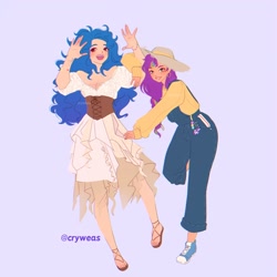 Size: 2048x2048 | Tagged: safe, artist:cryweas, izzy moonbow, sunny starscout, twilight sparkle, alicorn, human, pony, g5, alternate hairstyle, blue background, bracelet, braces, clothes, converse, corset, cute, denim, doodle, drawing, dress, duo, ear piercing, earring, eyeshadow, feet, female, grin, hat, high res, humanized, izzybetes, jeans, jewelry, keychain, lesbian, lip bite, lipstick, makeup, mane stripe sunny, mare, open mouth, overalls, pansexual pride flag, pants, piercing, pride, pride flag, sandals, ship:moonscout, shipping, shoes, simple background, smiling, sticker, straw hat, sun hat, sunnybetes, sweater, twilight sparkle (alicorn)
