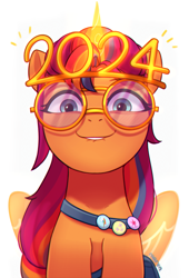 Size: 2481x3659 | Tagged: safe, artist:maren, sunny starscout, alicorn, pony, g5, 2024, artificial horn, artificial wings, augmented, bag, bust, cute, emanata, eyebrows, female, fluttershy's cutie mark, folded wings, full face view, happy new year, high res, holiday, horn, lip bite, looking at you, magic, magic horn, magic wings, mane stripe sunny, mare, messenger bag, novelty glasses, partially open wings, pin, race swap, rainbow dash's cutie mark, simple background, smiling, smiling at you, solo, sunnybetes, sunnycorn, twilight sparkle's cutie mark, white background, wings
