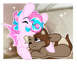 Size: 504x426 | Tagged: artist needed, source needed, safe, oc, oc only, oc:choco latte, oc:sweetie swirl, bat pony, bat pony oc, blue tongue, cuddling, duo, female, femboy, happy, male, mare, multicolored hair, one eye closed, pillow, real life background, smiling, wink