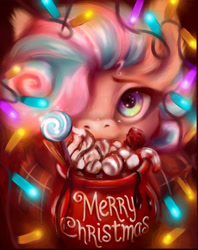 Size: 3800x4800 | Tagged: artist needed, source needed, safe, oc, oc:sweetie swirl, bat pony, bat pony oc, candy, candy cane, chocolate, christmas, christmas lights, commission, ear fluff, eyelashes, femboy, food, holiday, hot chocolate, lollipop, male, marshmallow, merry christmas, mug, multicolored hair, solo, ych result