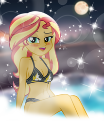 Size: 4938x5760 | Tagged: safe, artist:emeraldblast63, sunset shimmer, human, equestria girls, g4, belly button, bikini, blushing, breasts, cleavage, clothes, eyebrows, female, looking at you, open mouth, open smile, raised eyebrow, smiling, smiling at you, solo, stupid sexy sunset shimmer, sunset shimmer swimsuit, sunset shimmer's beach shorts swimsuit, swimsuit