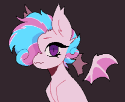 Size: 1390x1130 | Tagged: source needed, safe, artist:deadgirlie, oc, oc only, oc:sweetie swirl, bat pony, ear fluff, eyelashes, fangs, femboy, floating wings, hair over one eye, male, multicolored hair, pixel art, simple background, solo, wings