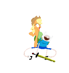 Size: 1219x1284 | Tagged: safe, artist:thedangbooper, applejack, earth pony, human, pony, g4, adventure time, animated, backpack, clothes, crossover, duo, finn the human, friday night funkin', gif, hidden cutie mark, no pupils, pibby, simple background, smiling, sword, transparent background, weapon, wip