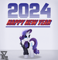 Size: 2900x3000 | Tagged: safe, artist:theretroart88, rarity, pony, unicorn, g4, 2024, clothes, female, happy new year, happy new year 2024, high res, holiday, jacket, leather, leather jacket, mare, simple background, solo, white background