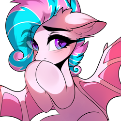Size: 2516x2512 | Tagged: artist needed, source needed, safe, oc, oc only, oc:sweetie swirl, bat pony, pony, bat pony oc, blushing, ear fluff, eye clipping through hair, eyebrows, eyebrows visible through hair, eyelashes, femboy, hair over one eye, high res, male, multicolored hair, simple background, solo, transparent background, wings