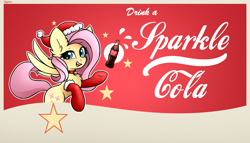 Size: 3450x1970 | Tagged: safe, artist:rejiser, fluttershy, pegasus, pony, fallout equestria, g4, bell, bell collar, blushing, chest fluff, christmas, clothes, collar, ear fluff, female, hat, holiday, open mouth, raised hoof, santa hat, smiling, socks, solo, sparkle cola, spread wings, stars, wings