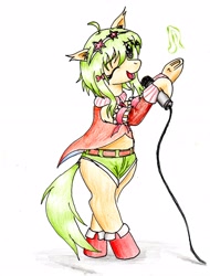 Size: 2250x2961 | Tagged: safe, artist:40kponyguy, derpibooru exclusive, earth pony, pony, bipedal, boots, clothes, cute, ear fluff, female, gumi, head tilt, high res, hoof hold, jacket, looking at you, mare, microphone, one eye closed, ponified, shoes, shorts, simple background, solo, sunglasses, traditional art, underhoof, vocaloid