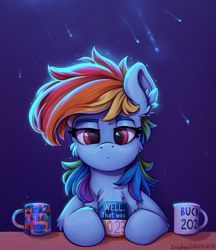 Size: 1223x1413 | Tagged: safe, artist:zeepheru, rainbow dash, pegasus, pony, g4, cheek fluff, chest fluff, ear fluff, eye reflection, female, fireworks, happy new year, holiday, looking at you, mare, mug, new year, reflection, solo