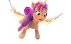 Size: 1280x800 | Tagged: safe, edit, edited screencap, editor:dracoawesomeness, screencap, sunny starscout, alicorn, pony, g5, make your mark, my little pony: make your mark, artificial horn, artificial wings, augmented, background removed, female, flying, horn, magic, magic horn, magic wings, mane stripe sunny, mare, not a vector, open mouth, race swap, solo, sunnycorn, wings