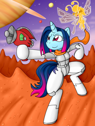 Size: 1200x1600 | Tagged: safe, artist:flash equestria photography, oc, oc:pixel dust, oc:pluto planitia, breezie, pony, unicorn, semi-anthro, arm hooves, clothes, duo, ray gun, raygun, scarf, science fiction, smiling, spacesuit