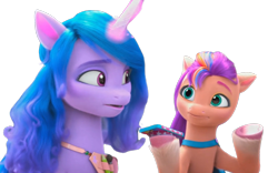 Size: 1280x800 | Tagged: safe, edit, edited screencap, editor:dracoawesomeness, screencap, izzy moonbow, sunny starscout, earth pony, pony, unicorn, g5, my little pony: make your mark, my little pony: make your mark chapter 4, top remodel, spoiler:g5, background removed, duo, duo female, female, mane stripe sunny, mare, not a vector, simple background, transparent background