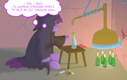 Size: 800x501 | Tagged: safe, artist:quint-t-w, berry punch, berryshine, earth pony, pony, g4, 2024, alcohol, basement, bottle, candle, cape, chalk, clothes, distillation, distiller, drink, matches, pentagram, solo, thinking, thought bubble