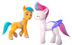 Size: 1280x800 | Tagged: safe, edit, edited screencap, editor:dracoawesomeness, screencap, hitch trailblazer, zipp storm, earth pony, pegasus, pony, g5, make your mark, my little pony: make your mark, background removed, duo, duo male and female, female, folded wings, male, mare, not a vector, smiling, stallion, wings