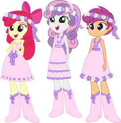 Size: 1280x1308 | Tagged: safe, artist:octosquish7260, apple bloom, scootaloo, sweetie belle, human, a canterlot wedding, equestria girls, g4, apple bloom's bow, bow, clothes, cutie mark crusaders, dress, female, flower, flower girl, flower girl dress, flower in hair, hair bow, hands together, open mouth, open smile, simple background, smiling, transparent background, trio