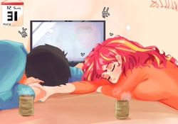 Size: 2000x1400 | Tagged: safe, artist:sozglitch, sunset shimmer, oc, oc:generic messy hair anime anon, human, g4, breasts, busty sunset shimmer, canon x oc, duo, duo male and female, eyes closed, female, food, holding hands, humanized, male, mug, new years eve, shipping, sleeping, smiling, straight, tea, television