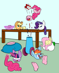 Size: 2550x3164 | Tagged: safe, artist:airship-king, applejack, fluttershy, pinkie pie, rainbow dash, rarity, twilight sparkle, alicorn, earth pony, pegasus, unicorn, anthro, g4, ass, brain, breasts, butt, confetti, disembodied head, dismemberment, feet, female, high res, mane six, modular, not salmon, organs, party cannon, wat