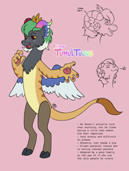 Size: 1800x2400 | Tagged: safe, artist:socialgutbrain777, oc, draconequus, crown, draconequus oc, green hair, jewelry, leonine tail, male, paws, reference sheet, regalia, simple background, solo, spread wings, tail, wings