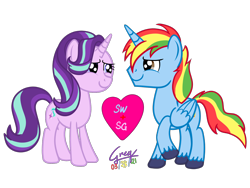 Size: 2048x1536 | Tagged: safe, artist:gregory-the-griffon, starlight glimmer, oc, oc:shield wing, alicorn, unicorn, g4, alicorn oc, canon x oc, female, heart, horn, love, male, shipping, simple background, smiling, straight, transparent background, wings