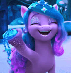 Size: 754x780 | Tagged: safe, screencap, izzy moonbow, pony, unicorn, g5, my little pony: make your mark, my little pony: make your mark chapter 6, secrets of starlight, spoiler:g5, spoiler:my little pony: make your mark, spoiler:my little pony: make your mark chapter 6, spoiler:mymc06e04, animated, cropped, crystal, cute, eyeshadow, gif, giggling, glitter, how do hooves work?, izzybetes, jewelry, laughing, loop, makeup, necklace, perfect loop, snow, solo, sparkles