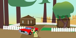 Size: 1585x793 | Tagged: safe, artist:mcford, oc, oc only, pig, car, declasse sabre, fence, house, solo, tree