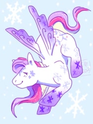 Size: 768x1024 | Tagged: safe, artist:sylvsforest, snow'el ii, pegasus, pony, g3, closed mouth, colored wings, eyes closed, female, flying, gradient legs, gradient wings, light blue background, mare, simple background, smiling, snow, snowflake, solo, wings