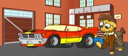 Size: 2480x1094 | Tagged: safe, artist:mcford, oc, earth pony, car, cargo pants, clothes, declasse sabre, garage, jacket, leather, leather jacket, pants