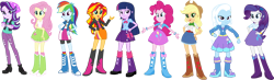 Size: 3698x1080 | Tagged: safe, artist:tylerajohnson352, applejack, fluttershy, pinkie pie, rainbow dash, rarity, starlight glimmer, sunset shimmer, trixie, twilight sparkle, human, equestria girls, g4, boots, cowboy boots, eqg promo pose set, humane eight, humane five, humane seven, humane six, shoes, transparent background
