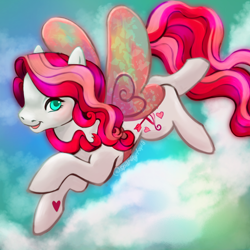 Size: 1280x1280 | Tagged: safe, artist:sparkytopia, always and forever, earth pony, g3, augmented wings, butterfly wings, cloud, cyan eyes, female, flying, hoof heart, looking at you, mare, open mouth, open smile, sky, smiling, underhoof, wings