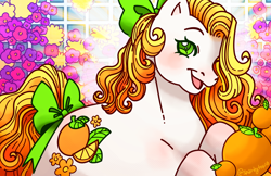 Size: 1280x828 | Tagged: safe, artist:sparkytopia, citrus sweetheart, earth pony, pony, g3, blushing, bow, female, flower, food, green eyes, hair bow, mare, open mouth, open smile, orange, smiling, tail, tail bow