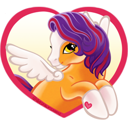 Size: 1280x1280 | Tagged: safe, artist:sparkytopia, oc, oc only, oc:october moon, pegasus, pony, g3, blaze (coat marking), closed mouth, coat markings, colored wings, facial markings, female, g3 oc, heart, hoof heart, mare, simple background, smiling, socks (coat markings), spread wings, starry eyes, transparent background, underhoof, wingding eyes, wings, yellow eyes