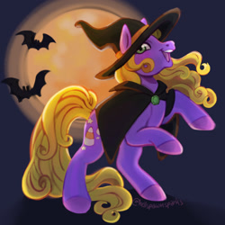 Size: 1280x1280 | Tagged: safe, artist:sparkytopia, part of a set, abra-ca-dabra, bat, earth pony, pony, g3, cape, clothes, female, halloween, hat, holiday, mare, moon, open mouth, open smile, purple background, rearing, rim lighting, simple background, smiling, starry eyes, wingding eyes, witch hat