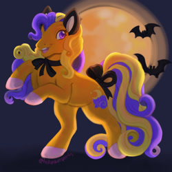 Size: 1280x1280 | Tagged: safe, artist:sparkytopia, part of a set, pumpkin tart, bat, earth pony, pony, g3, bow, cat ears, colored hooves, fake ears, female, halloween, holiday, mare, moon, neck bow, open mouth, open smile, purple background, purple eyes, rearing, simple background, smiling, tail, tail bow