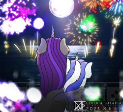Size: 2802x2556 | Tagged: safe, artist:etheria galaxia, oc, oc only, oc:etheria galaxia, oc:scratch wub, pony, curved horn, female, fireworks, happy new year, high res, holiday, horn, hug, male, mare, moon, ocean, ship:scratchtheria, stallion, water, watermark, winghug, wings