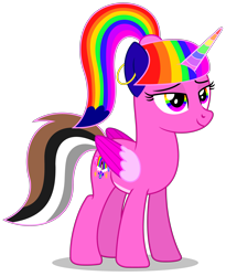 Size: 4049x4937 | Tagged: safe, artist:creedyboy124, oc, oc only, oc:rainbow sparkle, alicorn, g4, alicorn oc, colored ears, colored horn, colored wings, colored wingtips, ear piercing, earring, female, folded wings, high ponytail, horn, jewelry, multicolored hair, multicolored wings, original character do not steal, pale belly, piercing, ponytail, rainbow eyes, rainbow hair, rainbow horn, simple background, smiling, smug, smug smile, solo, standing, transparent background, vector, wings