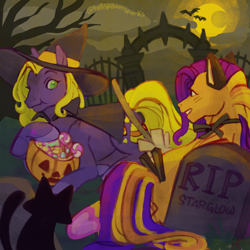 Size: 1280x1280 | Tagged: safe, artist:sparkytopia, abra-ca-dabra, pumpkin tart, bat, cat, g3, black cat, bow, candy, cape, cat ears, clothes, cloud, colored hooves, crescent moon, duo, duo female, eating, fake ears, female, fence, food, gravestone, graveyard, grin, halloween, hat, holiday, hoof heart, implied starglow, jack-o-lantern, lollipop, looking at each other, looking at someone, lying down, moon, neck bow, not daisy jo, prone, pumpkin, rest in peace, smiling, spooky, starry eyes, tail, tail bow, tree, underhoof, wingding eyes, witch hat