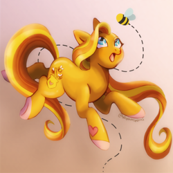 Size: 1280x1280 | Tagged: safe, artist:sparkytopia, bumblesweet (g3), bee, earth pony, insect, pony, g3, g4, :o, colored hooves, female, flight trail, g3 to g4, generation leap, gradient background, hoof heart, looking at something, mare, open mouth, surprised, tan background, underhoof